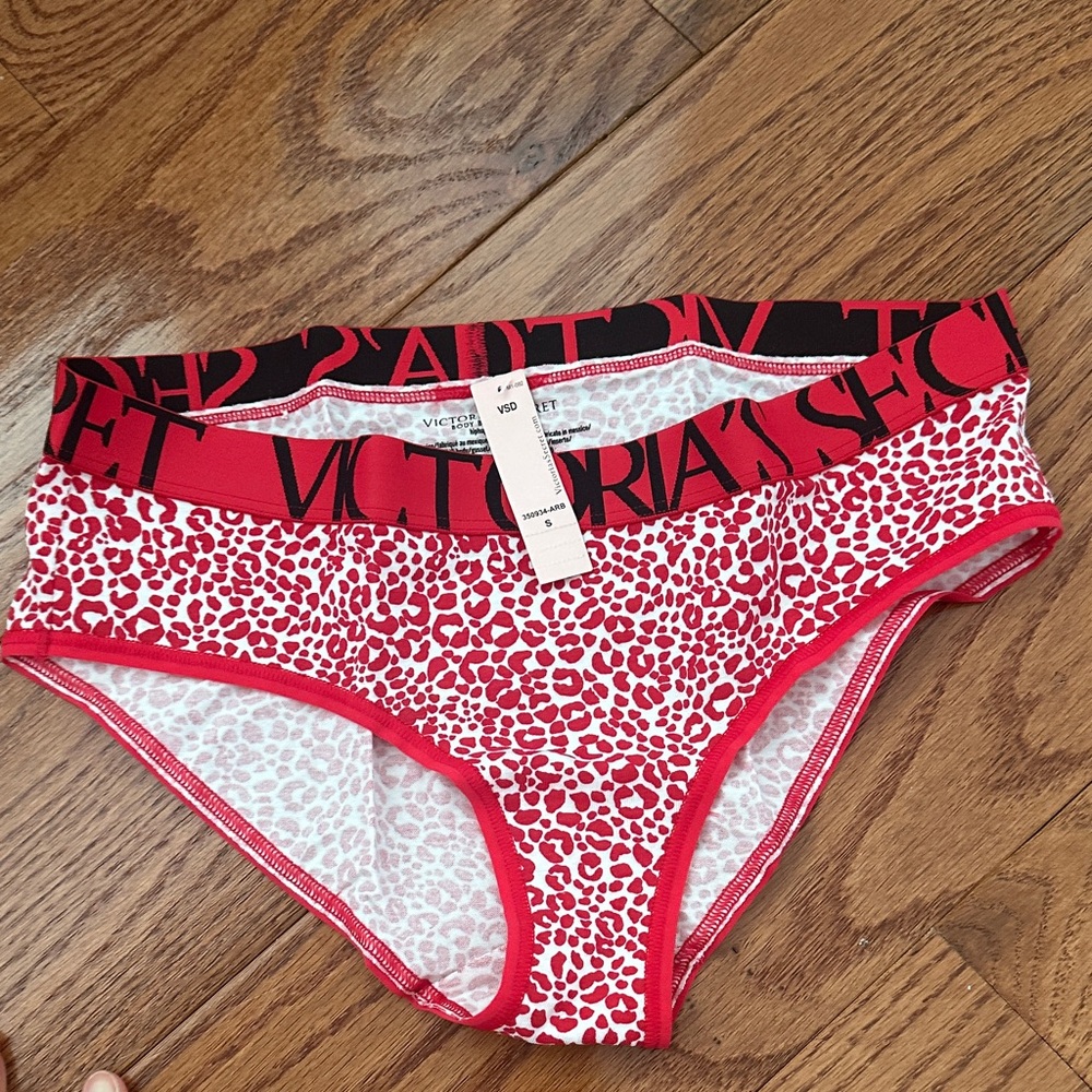 Victoria's Secret Red & White Leopard Print Bikini Briefs with Logo Waistband